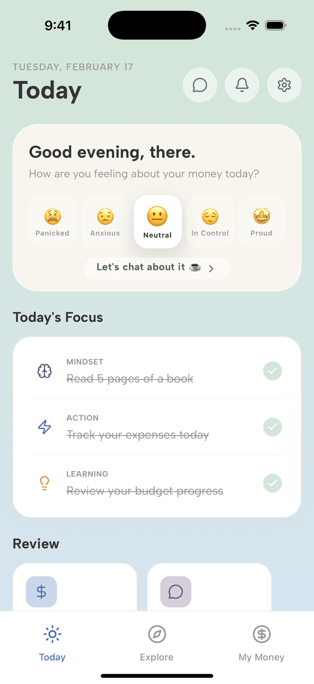 Savio Today dashboard showing mood check-in and daily focus tasks.